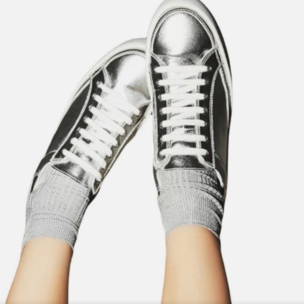Free People Silver Metallic & White Platform Letterman Sneakers Size 10M